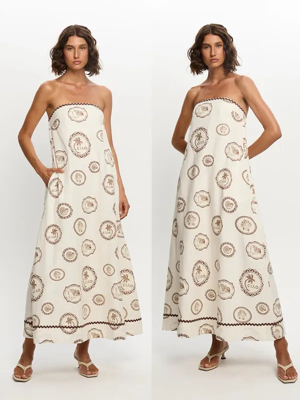 Kivari • Anthropologie Ciao Strapless Maxi Dress white linen print rickrack - Image 4