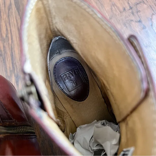 Frye • Patty Riding Bootie brown leather Redwood ankle boot heeled strap buckle - Image 6