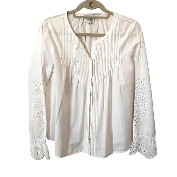 JOIE Kalyssa Pleated‎ Eyelet Blouse White Sz Medium - Image 2