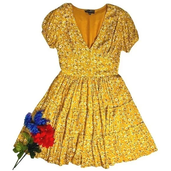 Yellow Ditsy Floral Boho Mini Dress Size PS V Neck Puff Sleeve Tiered Spring Fit - Image 2