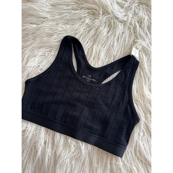 Aerie Cozy Class Ribbed Knit Sports Bra True Black Size Large - Image 2