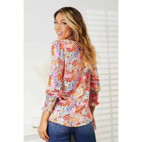 Double Take Floral Print Long Puff Sleeve Blouse - Large - Image 2
