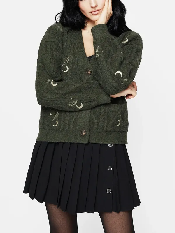 Disturbia Dianne Embroidered Cable Knit Cardigan Moon Star Fern Olive Green Knit - Image 7