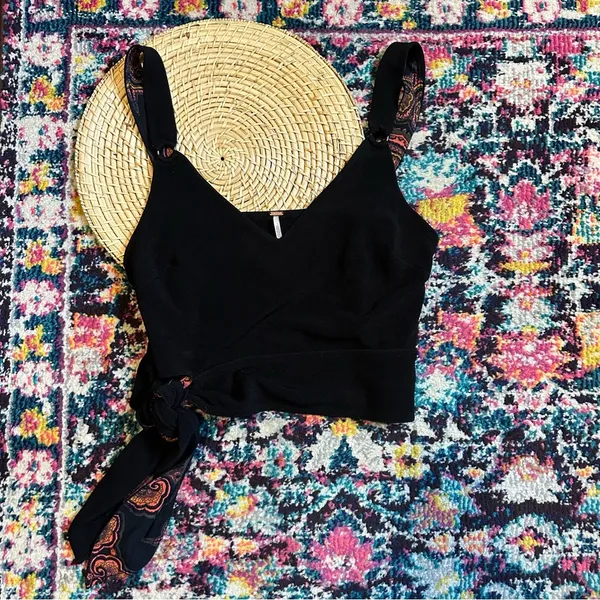 Free People Paisley Tie Hem Crop Top Sleeveless Womens Large Black - Image 2