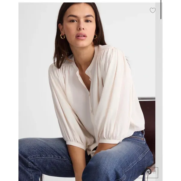 Madewell Shirred Crewneck Button-Up Top Vintage Ivory Womens Large‎ NWT - Image 3