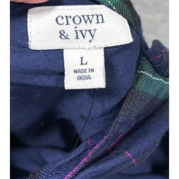 Crown & Ivy Navy‎ Plaid Tie Back Neck Dress Ruffle Size L Preppy Casual - Image 6