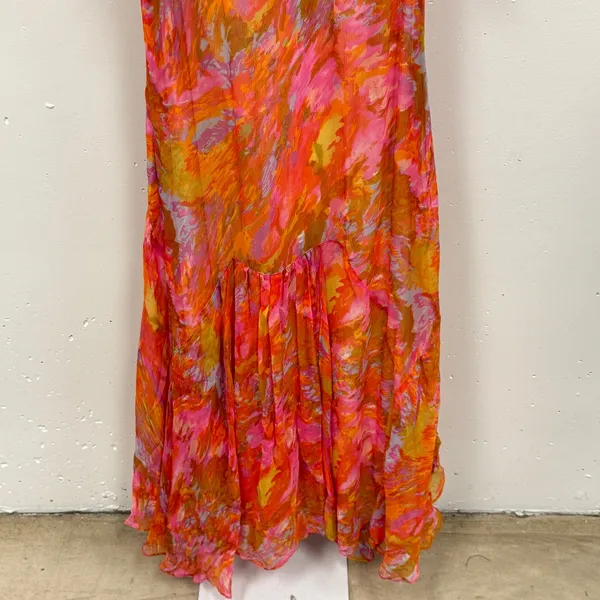 Foley + Corinna Silk Halter‎ Maxi Dress Orange Watercolor Print XS Boho Abstract - Image 4