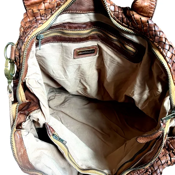 Bruno Magli Brown Woven Leather Duffle Satchel Travel Bag Made Italy Y2K - Image 10