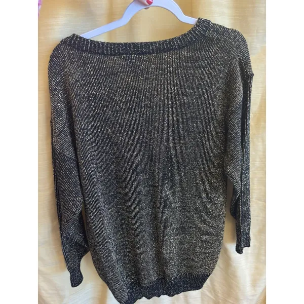 Jamie Scott‎ Vintage Black Gold Metallic Shimmer V-Neck Knit Sweater Small - Image 4