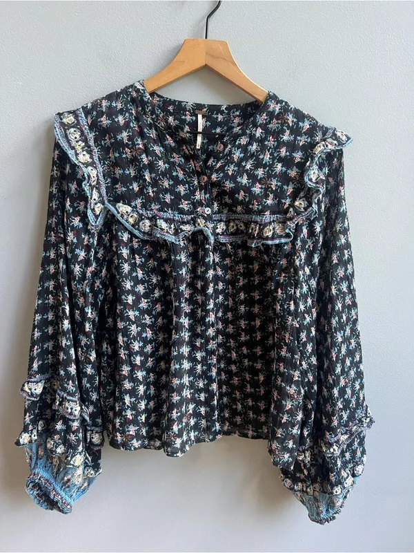Free People Jenna Top Printed Long Sleeve Blouse Size Small Black Blue White - Image 6