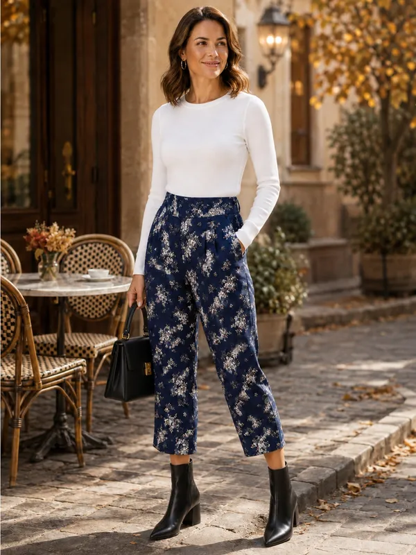Club Monaco 2 Navy Floral wide leg cropped culottes Palazzo high-rise pleated - Image 3