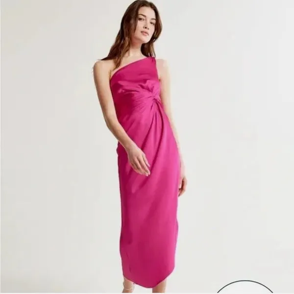 Abercrombie & Fitch One-Shoulder Satin pink Knotted Midi Dress Size XXS like new - Image 2