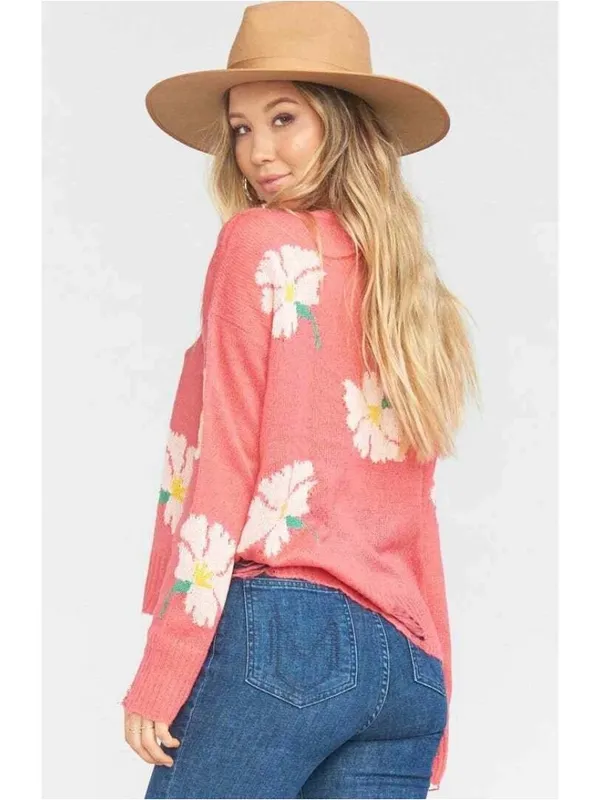 Show Me Your MuMu Coral Pink Floral Distressed Crewneck Sweater Size medium - Image 2