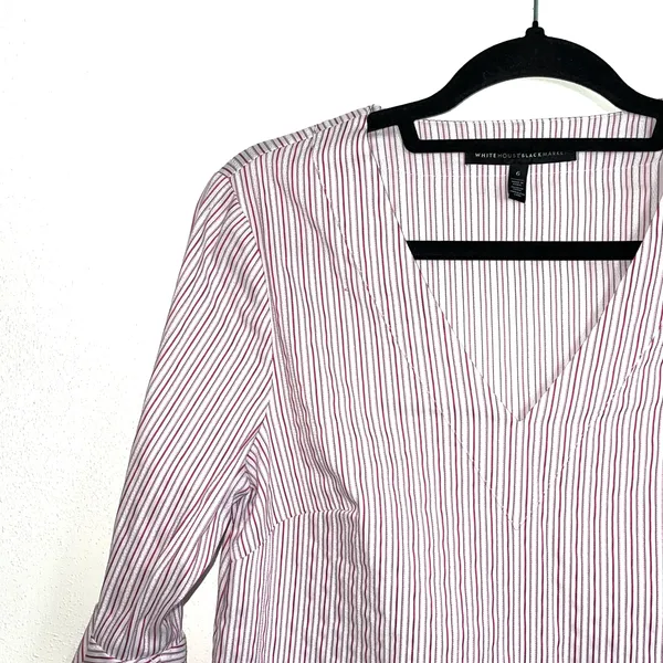 White House | Black Market White & Pink Striped Bell Sleeve V-neck Popover Top - Image 3