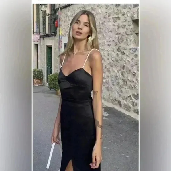 NWT Zara Black Satin One Strap Dress Size XS. Pearl strap with white heart beads - Image 4