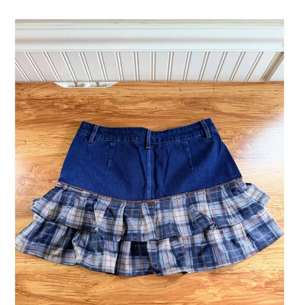 Halara Denim Plaid Ruffle Tiered Mini Skirt Size S NWT - Image 2