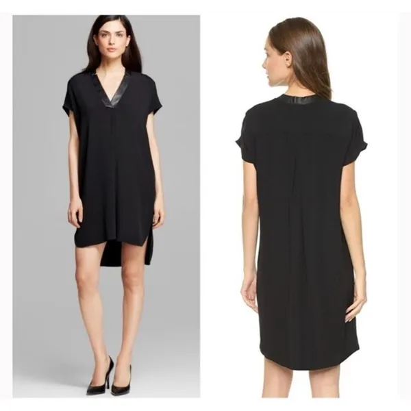 Vince Women Black 100% Silk Leather Trim V-Neck Shift Dress Short Sleeve Size S - Image 2