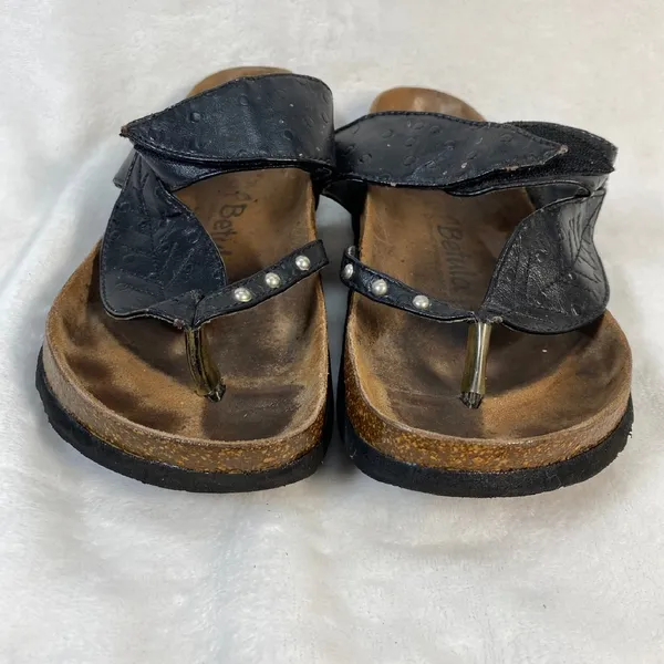 Betula Birkenstock Thong Sandals Black Leather‎ Pearls Size 38 W7-flaw - Image 2