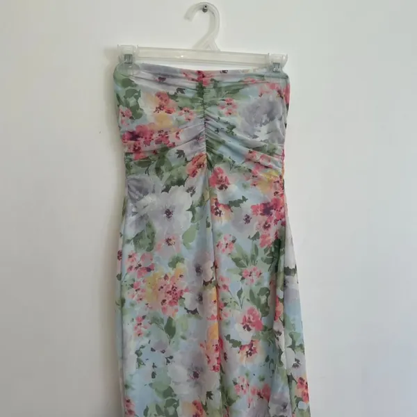 HAUTE MONDE Light Blue Pink Floral Semi Sheer Mesh Strapless Midi Dress ? w Slit - Image 5