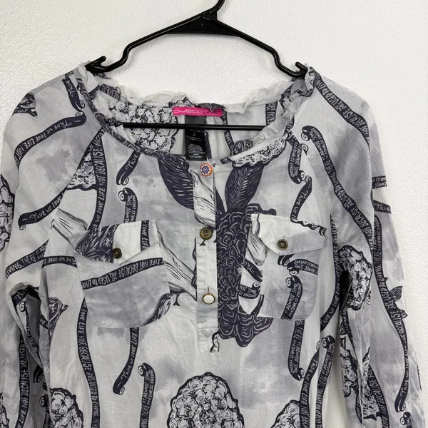Custo Barcelona Tunic Womens Size 2 Gray Floral Bird Print Drawstring Waist Top - Image 2