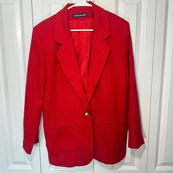 Savannah Blazer Womens 12 Red Pure Wool Single Button Vtg USA Made Holiday Suit - Image 2