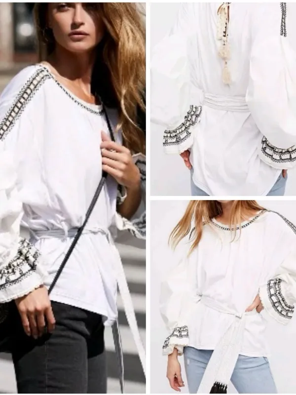 Free People On Holiday Embroidered Sash Waist Blouse White Size Small - Image 2