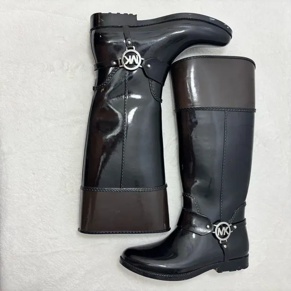 Michael Kors Fulton Tall Rain Boots Black‎ and brownSize 8 - Image 4