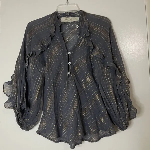 Jen's Pirate Booty blue striped button down shimmer Troubadour Top XS - Image 3