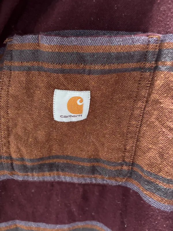 Carhartt Rugged Women’s Flex Maroon, Brown, and Gray Striped Flannel Shirt - Image 3