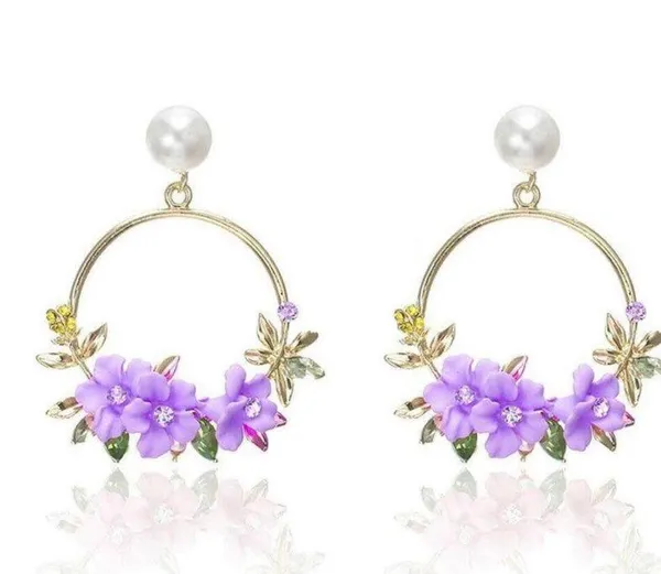 Women's Pearl Crystal Flower Dangle Drop Hoop Earrings - Image 2
