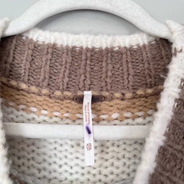 Free People Foxy Stripe Wool Blend Cropped Puff Sleeve Sweater Cream Brown XS - Image 5