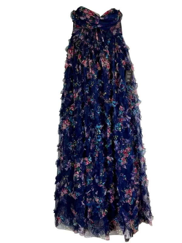 NWT Lulus Stunning Element Navy Floral Mesh Ruffled Strapless Maxi Dress - Small - Image 7