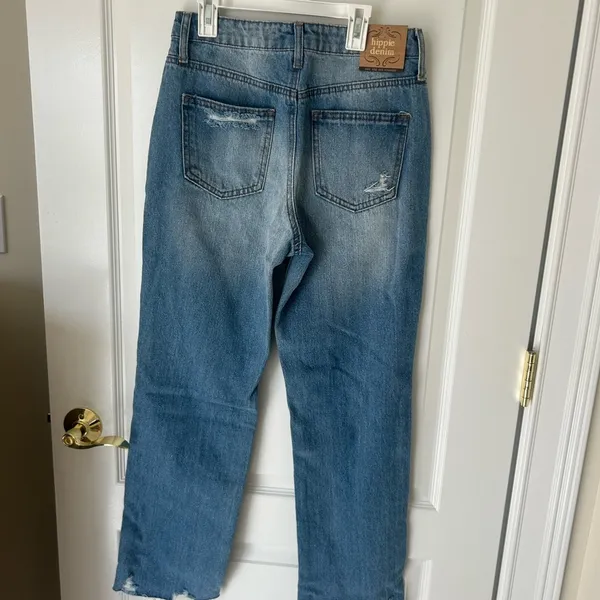 Women's Blue Distressed Jeans hippie girl 90’s straight jeans - Image 3