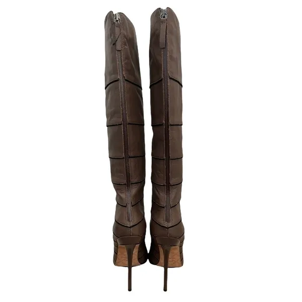 L.A.M.B Gwen Stafani Tan Brown Leather‎ Knee High Stiletto Boots 7.5 - Image 4