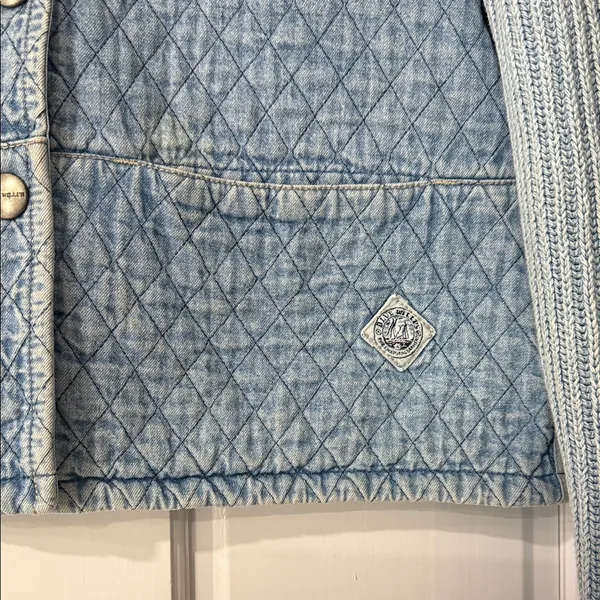 Blue Willi’s Denmark Quilted Denim Jacket Knit Sleeves Button 90s Vintage Large - Image 4