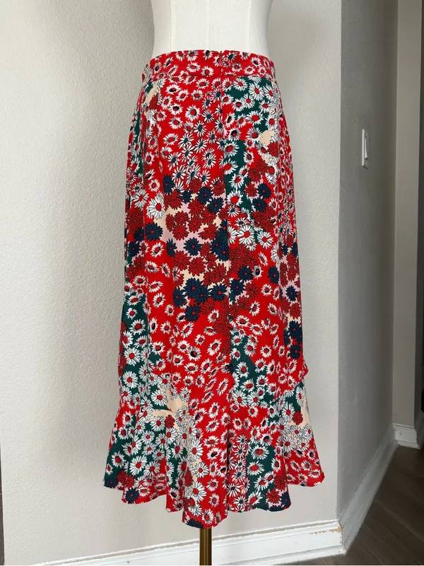Boho Floral Ruffle Midi Skirt Asymmetrical Daisy Print Hippie Whimsical Skirts - Image 2