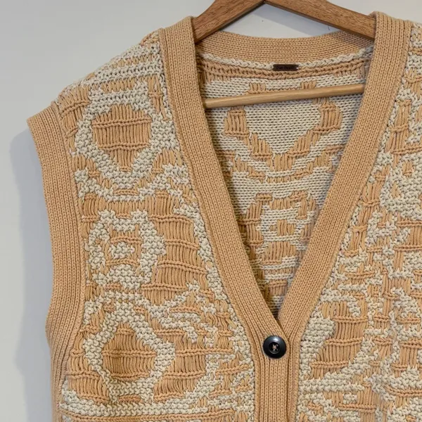 Free People Beige and Cream Knit Vest Geometric Pattern Sweater - Image 4