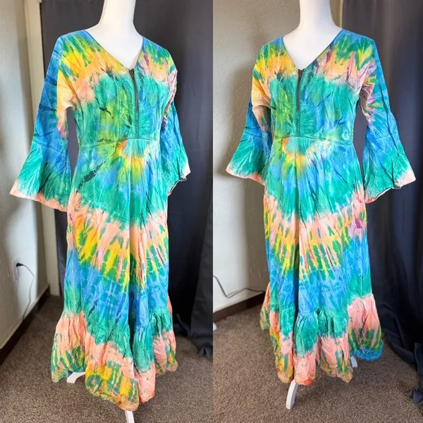 Tie Thai Boho Bell Sleeve Tie Dye Festival Maxi Dress Womens Large Multi-Color - Image 5