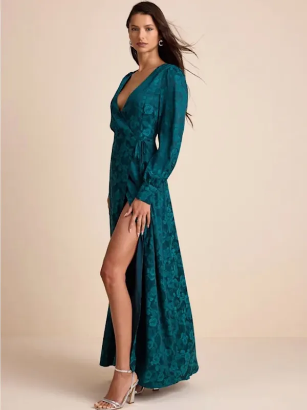 Lulu's Teal Floral Wrap Maxi Gown with Slit - Image 3
