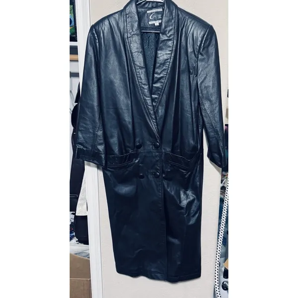 Vtg 90s Global Identity leather Coat womens S black Long 90s Trench Matrix Y2K - Image 2