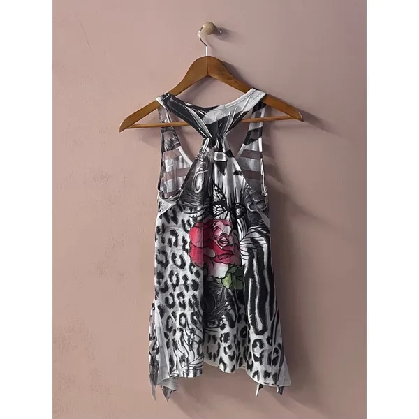 Vtg Y2K Papaya Sheer Striped Rhinestone Floral Animal Print Graphic Tank Sz S - Image 12