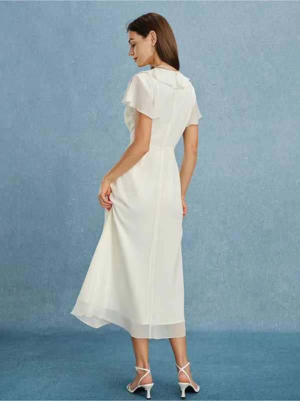 Rihoas Apricot V Neck Ruffle Chiffon Midi Dress - Image 6