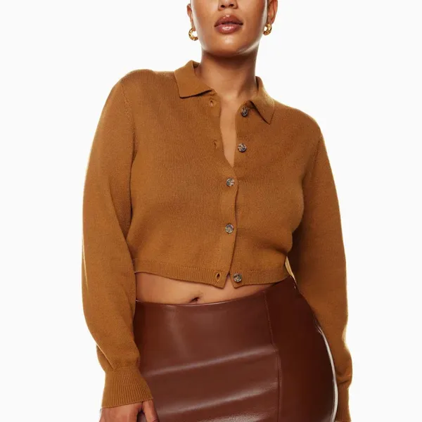 Aritzia Wilfred Nextdoor Cropped Polo Knit Cardigan Rich Chestnut New Size XS - Image 3