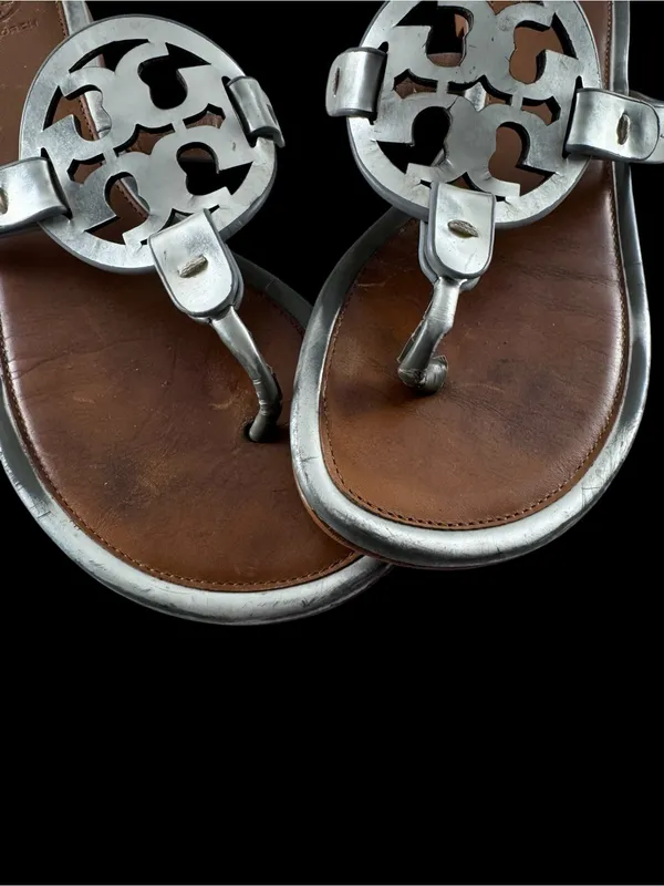 Tory Burch Brown Leather Sandals with Silver Logo Medallions - Image 4