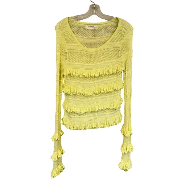 Anthropologie Ruffle Open Knit Sweater Womens Large Lime Green Feminine Coquette - Image 6