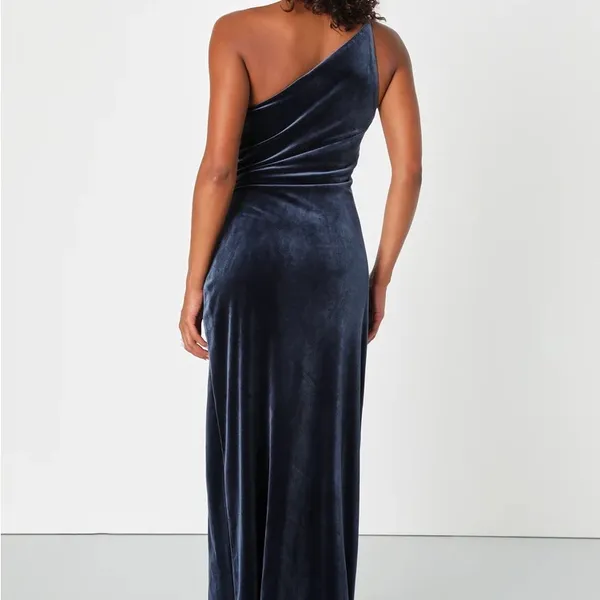 Lulus Elegant Era Velvet‎ One-Shoulder Maxi Dress in Dark Slate Blue Size Medium - Image 2
