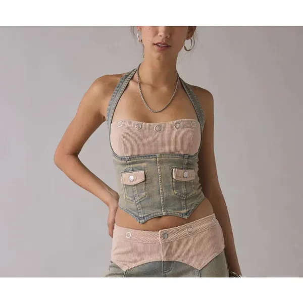 I.AM.GIA Halter Top Denim Corset Tommie Size S Blue Tan - Image 4