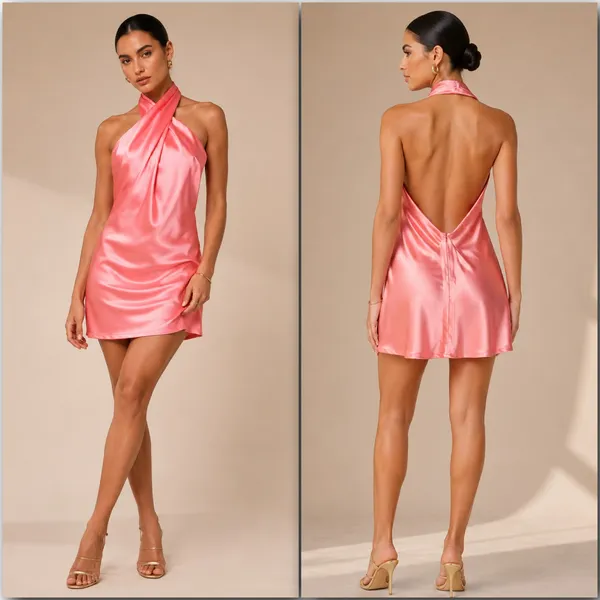 NEW Lulus Coral Pink Beyond Classy Sleek Satin Halter Open Back Chic Mini Dress - Image 2