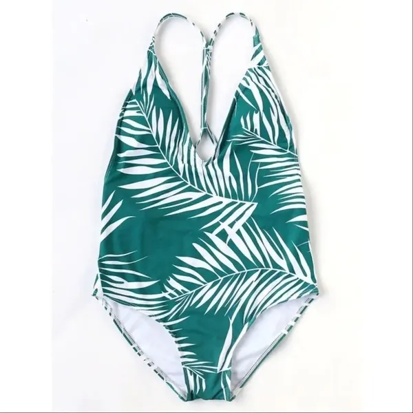 ✨HP✨Leaf Print V Neck Open Back Swimsuit✨ Green Size L - Image 4