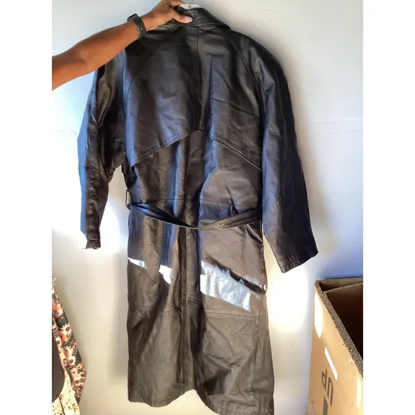 Learsi Vintage Black Leather Trench Coat Longline Belted Jacket Large - Image 3